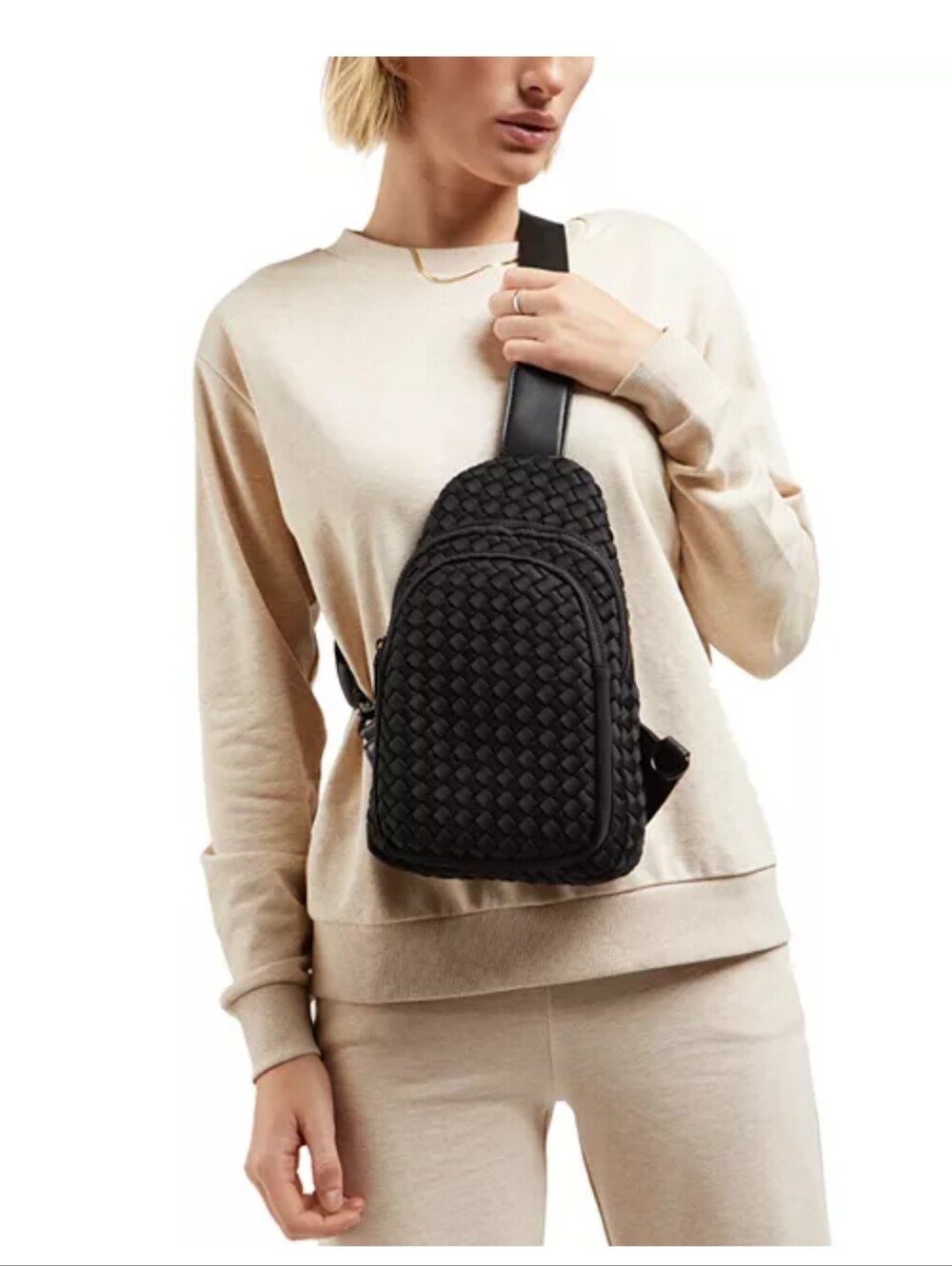 SOL AND SELENE Beyond the Horizon Woven Neoprene Sling Backpack in Black Travel